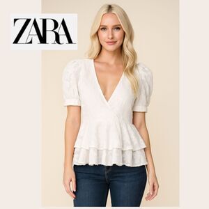 Zara White Embroidered Tiered Top